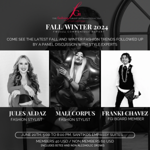 Join us to see and discuss the NYFW fall and winter trends in a video curated by Maryanne Grisz. Our fabulous panel includes fashion stylists @malicorpus and @julesaldaz and will be moderated by FGI Board Member @bagsandbellinis. The event will be held at Santikos Embassy Suites Movie Theatre. Tickets include bites and non-alcoholic drinks. Members $40 USD Non-Members $60 USD Tickets can be purchased on the link on our profile
